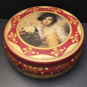 Vintage Peak Frean ,Red and Gold Decorative Tin With Boy And Rabbit .